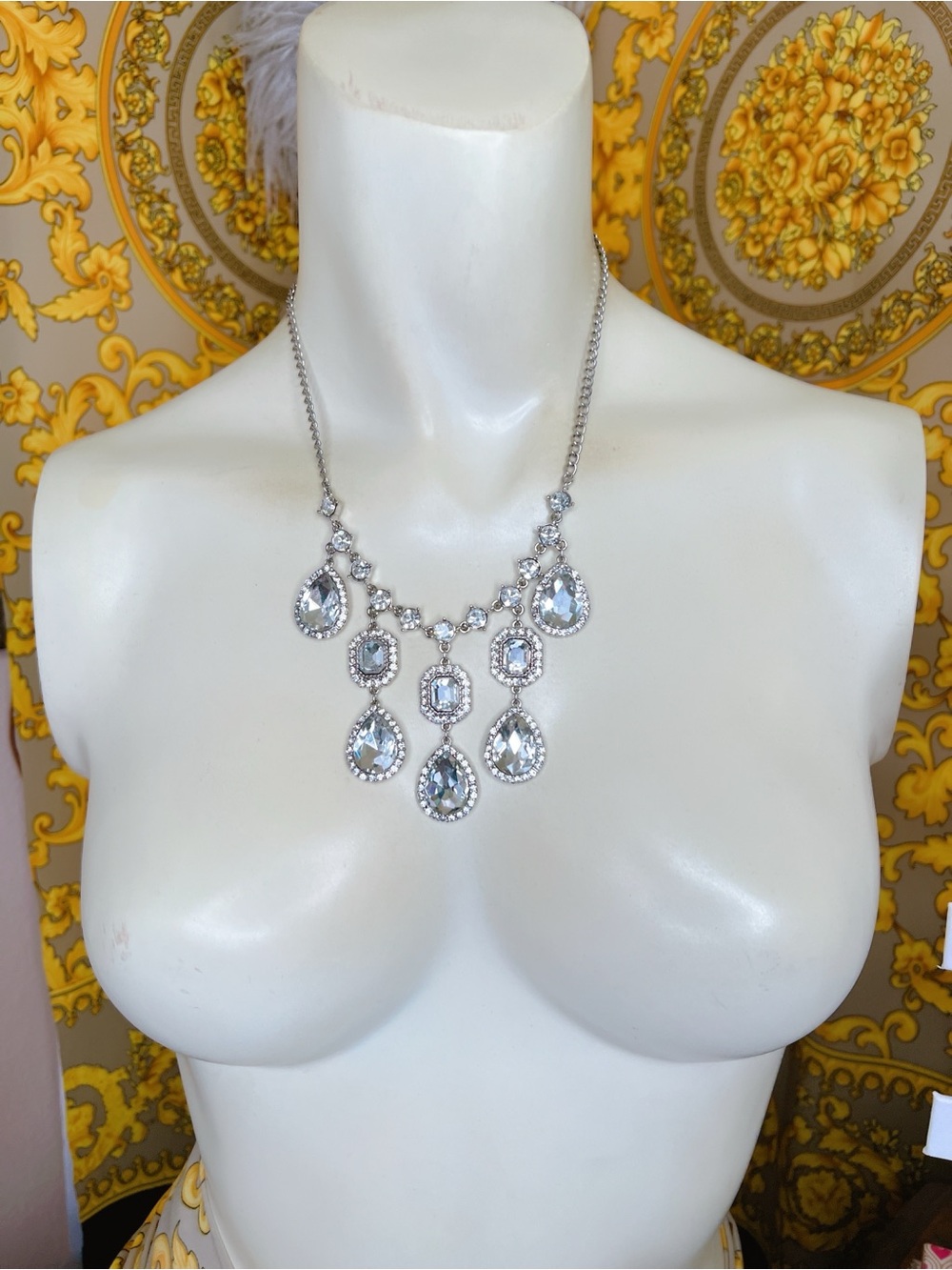 White gold plated Crystal halo emerald pear round cut 16” to 18” necklace